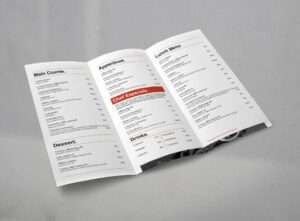 Impresión personalizable de cartas de restaurante trípticas