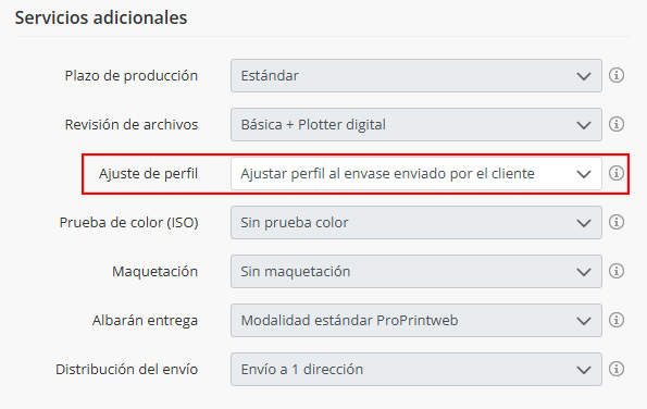 Configurar ajuste de perfil packaging